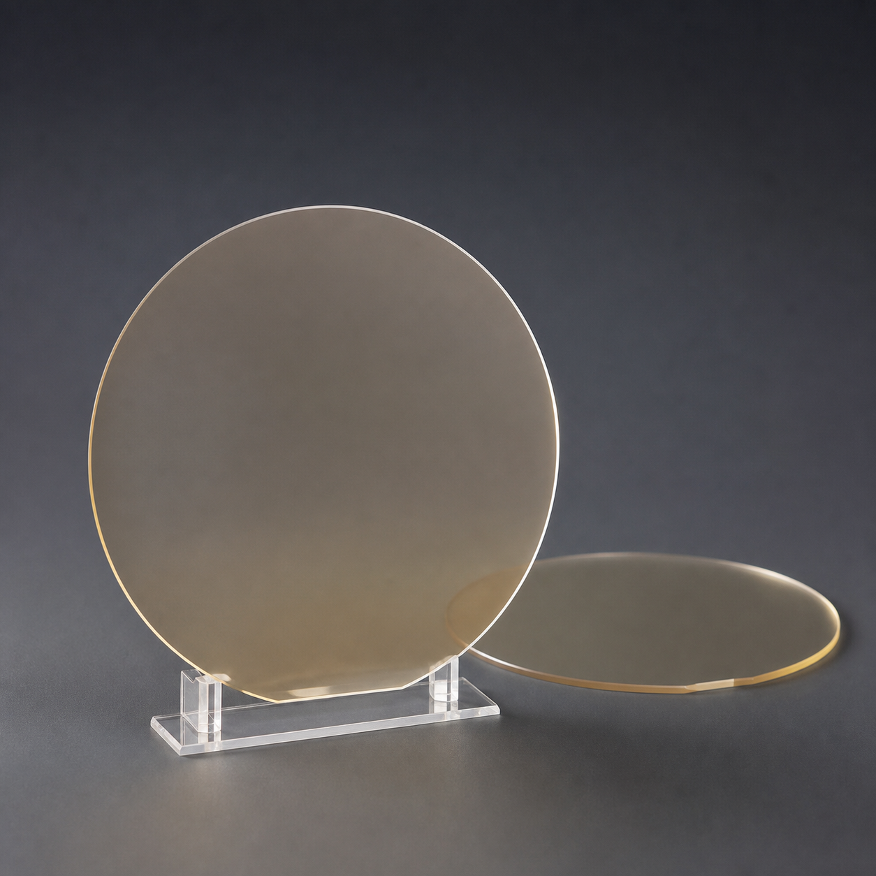 Polished lithium niobate wafers in a studio setting
